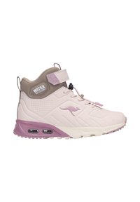 Wasserfeste rosa und beige High-Top-Sneaker mit gepolstertem Schaft, strukturiertem Obermaterial, Schnürsenkeln und sichtbarer Air-Dämpfung in der Sohle.