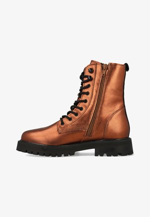 Bronze metallic ankle boot with black laces and side zipper. Features rubber sole with a rugged tread design and subtle stitching details.