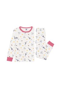 Weiße Baumwollpyjamas mit einem Muster aus dem Eiffelturm, Herzen und Lebensmitteln. Rote gestreifte Ärmelbündchen und Kragen. Lange Ärmel, Hose.