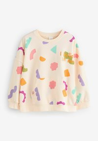 Ljusbeige sweatshirt med färgglada geometriska former och blommönster. Innehåller en framficka och broderad text. Mjuk tyg.