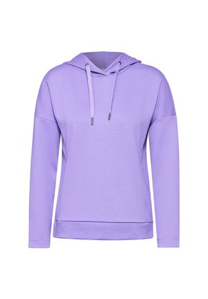 Purple hooded sweatshirt with long sleeves, drawstring accents, and a relaxed fit. Made from soft, stretchy fabric with a smooth texture.