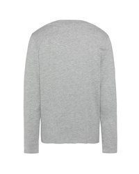 Graues Langarmhemd aus weichem Stoff. Verfügt über ein einfaches Design mit rundem Halsauschnitt und geradem Schnitt. Keine sichtbaren Muster oder Akzente.