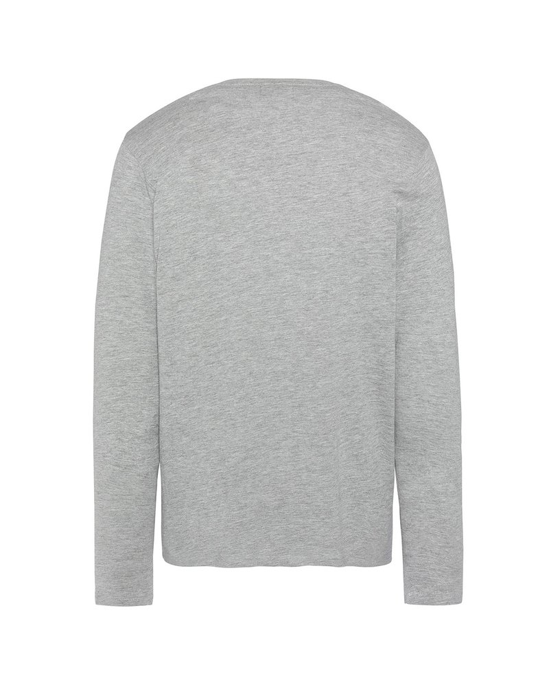 Maglietta grigia a maniche lunghe realizzata in un tessuto morbido. Presenta un design semplice con un colletto rotondo e una linea diritta. Nessun motivo o dettaglio visibile.