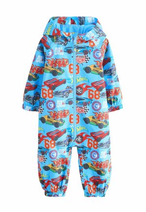 Niebieski kombinezon dla dzieci z kapturem, z nadrukami samochodów wyścigowych, numerem 68, napisem "Built for Speed" oraz logo Hot Wheels, zapinany z przodu na suwak, z elastycznymi mankietami.