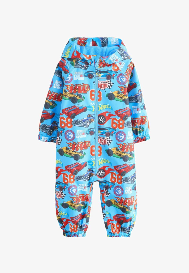 Niebieski kombinezon dla dzieci z kapturem, z nadrukami samochodów wyścigowych, numerem 68, napisem "Built for Speed" oraz logo Hot Wheels, zapinany z przodu na suwak, z elastycznymi mankietami.