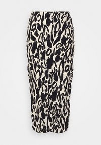 Jupon midi en imprimé léopard noir et crème, présentant une silhouette ajustée, un tissu texturé et des détails de fronces sur les côtés.