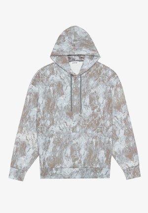Kapuzenpullover im marmorierten Muster mit Grautönen und Beige, ausgestattet mit einer Fronttasche, Kordelzügen und gerippten Bündchen.