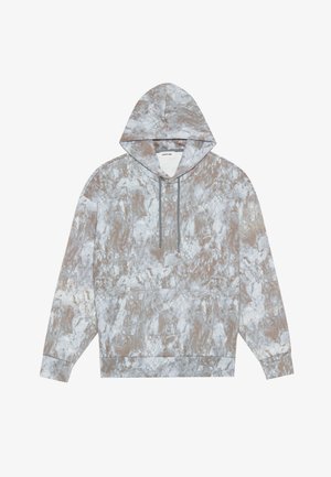 Kapuzenpullover im marmorierten Muster mit Grautönen und Beige, ausgestattet mit einer Fronttasche, Kordelzügen und gerippten Bündchen.