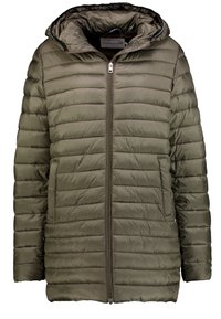 Olivgrön vadderad jacka med kviltad struktur, dragkedja fram, två framfickor och en huva, med en svart innertyg.