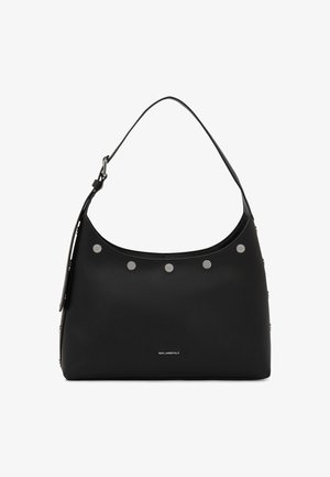 Black leather shoulder bag with a smooth texture, curved shape, silver studs as accents, and a logo on the front bottom.