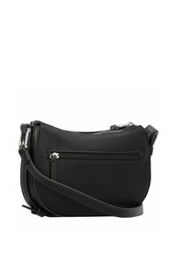 Bolso de cuero negro tipo bandolera con forma curved, cierre con cremallera y un bolsillo frontal. Cuenta con herrajes plateados y correa ajustable.