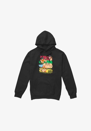 Schwarzer Hoodie mit bunten, illustrierten South Park-Charakteren in einem gestapelten Design und einem "South Park"-Textfeld am unteren Rand.