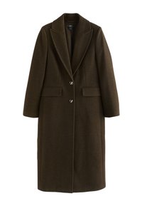 Manteau long en laine brun foncé avec un col à revers cranté, une conception à simple boutonnage, deux poches avant, et des boutons argentés pour la fermeture.