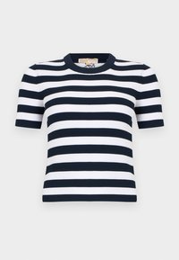 Κοντομάνικο ριμπ πλεκτό τοπ με οριζόντιες ρίγες σε σκούρο μπλε και λευκό και στρογγυλή λαιμόκοψη.