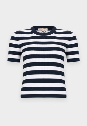 Κοντομάνικο ριμπ πλεκτό τοπ με οριζόντιες ρίγες σε σκούρο μπλε και λευκό και στρογγυλή λαιμόκοψη.