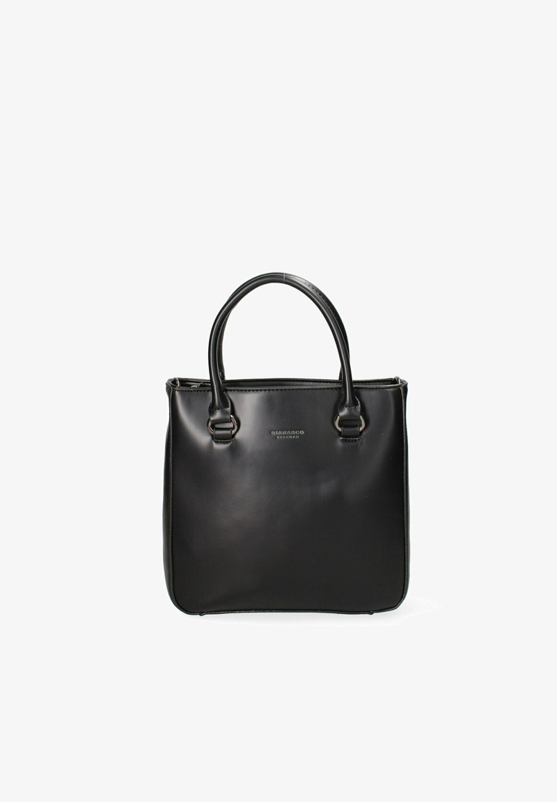 Sac à main en cuir noir avec double poignée et ferrures argentées, design minimaliste, logo de la marque embossé au centre avant.
