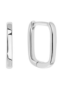 Srebrne kolczyki w formie obrączek o gładkim, polerowanym wykończeniu. Jeden kolczyk ma cienki pasek, a drugi jest nieco grubszy, w prostokątnym kształcie.