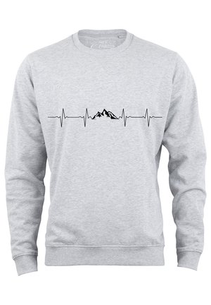 Gray sweatshirt with long sleeves, featuring a black heartbeat line and mountain silhouette design across the chest. Soft, cotton blend material.