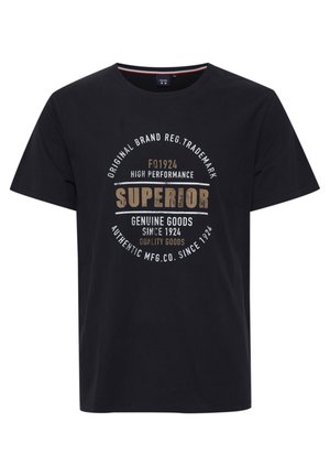 Sort bomulds T-shirt med rund hals, korte ærmer og et stort grafisk print i beige og hvid med tekst og cirkulært design.