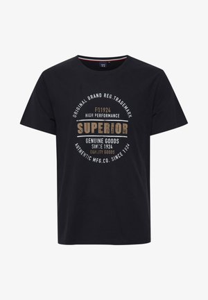 Črn bombažni majica s kratkimi rokavi, okroglo ovratnikom in velikim grafičnim tiskom v bež in belih tonih z besedilom in krožno obliko.