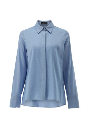 Light blue long-sleeve shirt with a button-down collar, front placket, and rounded hem. Fabric appears smooth with subtle texture.