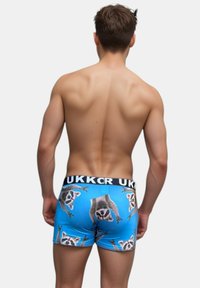 Herrens kalsonger i blått tyg med tvättbjörnstryck. Elastisk midjeband med påskriften "UKKR." Slät textur, åtsittande design.