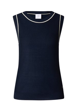 Ærmeløs marineblå striktop med hvide kanter omkring ærmegab og halsudskæring, ribbet kant forneden og lille logo nær bundkanten.