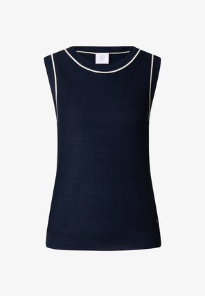 Ærmeløs marineblå striktop med hvide kanter omkring ærmegab og halsudskæring, ribbet kant forneden og lille logo nær bundkanten.