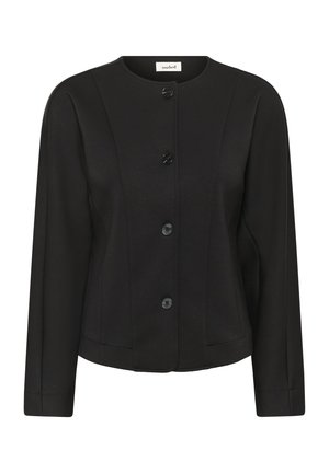 Must mustriga musternikuud jäik jope, millel on ümmargune kaelus, pikad varrukad ja viis nööpklappi. Valmistatud siledast kangast, millel on peened õmblusdetailid.