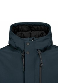 Dark navy insulated jacket featuring a high collar, black lining, front zipper, and adjustable drawstrings with snap buttons on the placket.