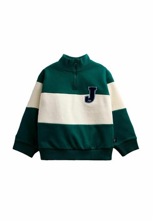 Children's green and white long-sleeve pullover with a half zipper and a navy blue letter "J" patch on the chest.