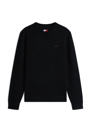 Pulover negru cu mâneci lungi și guler rotund, cu un mic logo roșu, alb și albastru pe piept și etichetă cu logo în interiorul gulerului.