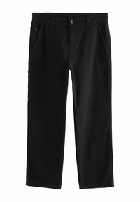 Pantalons en coton noir avec une coupe droite, dotés d'une fermeture à bouton à l'avant, de poches latérales en biais et de détails de couture subtils.
