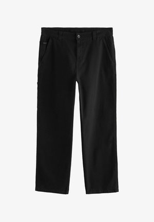 Czarne bawełniane spodnie o prostym kroju, z zapięciem na guzik z przodu, skośnymi kieszeniami po bokach oraz subtelnymi detalami w przeszyciach.