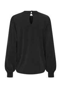Black long-sleeve blouse with a round neckline, back keyhole opening, and gathered sleeves. Smooth texture and relaxed fit.