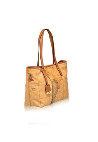 Borsa a spalla in pelle tan chiara con design a mappa e dettagli marroni. Presenta due manici e un'etichetta rettangolare.