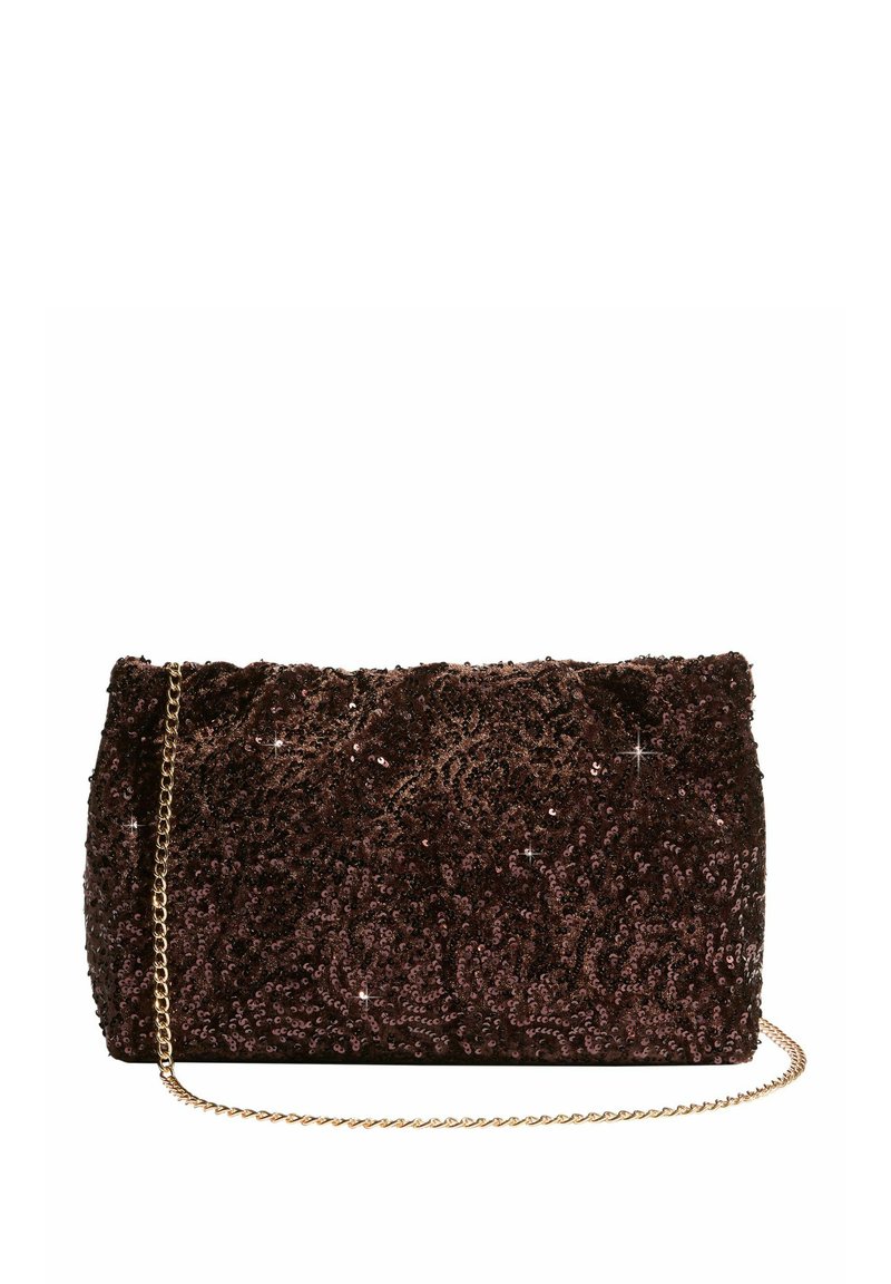 Borsa a tracolla in sequins marrone scuro con motivi intricati e una sottile tracolla dorata, progettata per la sera.
