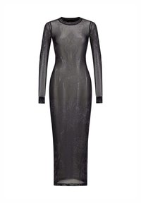 Schwarzes langärmliges Kleid aus durchsichtiger Stoffqualität, mit einer taillierten Silhouette und floralem Muster, das durch das gesamte Kleid geprägt ist. Mit rundem Ausschnitt und Knöchellänge.