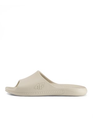 Beżowy sandał typu slip-on z odkrytym palcem i teksturowaną podeszwą, z wypukłym logo "4F" po boku.