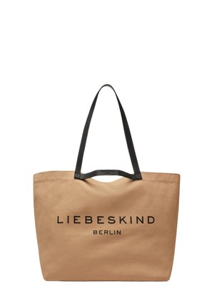 Beiger Leder-Shopper mit schwarzen Griffen, geprägt mit „LIEBESKIND BERLIN“ in fetten schwarzen Buchstaben.