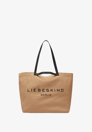 Brązowa torba typu tote z czarnymi uchwytami, z wytłoczonym napisem „LIEBESKIND BERLIN” w pogrubionych czarnych literach.