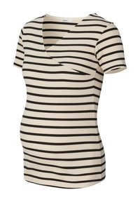 Lys beige kortærmet top med sorte vandrette striber, der har et diagonalt kryds-foran design og er lavet af et tætsiddende, strækbart materiale.