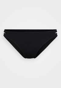 Black bikini bottom made of smooth fabric, featuring a low-rise cut and double side straps for added detail. No patterns or hardware visible.