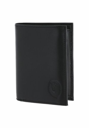 Portefeuille en cuir noir pliable avec logo tête de lion embossé à l'avant, montré partiellement ouvert sur fond blanc.