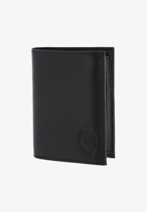 Portefeuille en cuir noir pliable avec logo tête de lion embossé à l'avant, montré partiellement ouvert sur fond blanc.