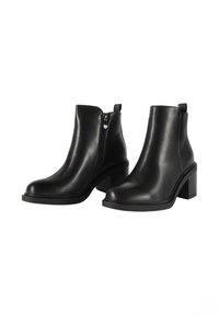 Stivali neri alla caviglia in pelle liscia con punta tonda, zip laterale e tacco spesso. Suola texture per una migliore presa.