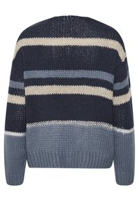 Grovstickad tröja med horisontella ränder i marinblått, ljusblått, vitt och beige, visad bakifrån.