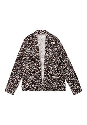 Leopard print jacket with long sleeves, open front, and textured fabric. Dominant colors are black, brown, and tan, with a smooth finish.