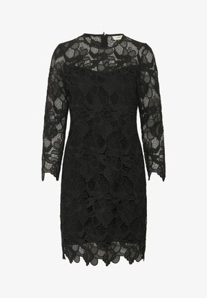 Mustmustärkiga must pitskleit kolmeveerandikleevikuga, lillemustriga, lainelise äärega ja kõrge kaelusega, millel on seljas zipper.