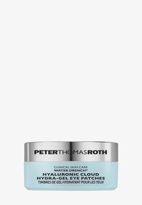 Helles blaues Glas mit silbernem Deckel, beschriftet mit "Water Drench Hyaluronic Cloud Hydra-Gel Eye Patches", entworfen für klinische Hautpflege.